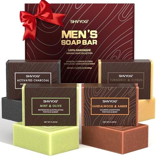 🚿 Upgrade your shower routine with these 4 natural men's soaps! 🌿 Exfoliate, cleanse, and moisturize with Sandalwood Amber, Mint, Charcoal, and Turmeric scents. Perfect for body