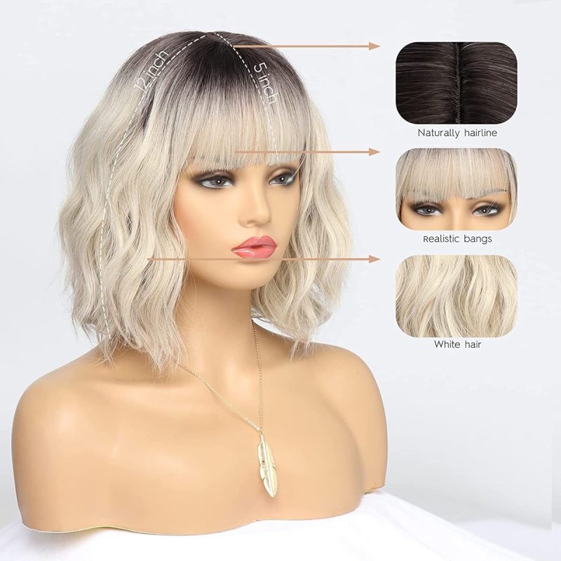 🌟Get the perfect TikTok-ready look with this trendy short ombre blonde wig! 💁‍♀️ Rock a dark blonde bob with fringe, neck-length waves, and natural-looking dark roots. Perfect for fancy dress or