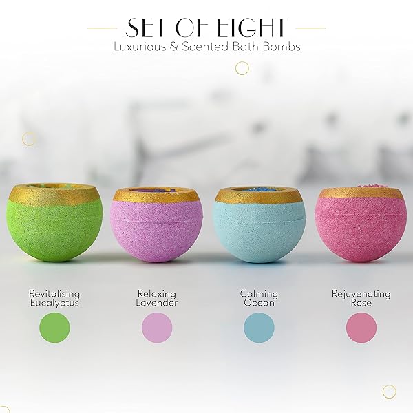 Indulge in a Set of 8 Luxe Bath Bombs! Treat yourself to a spa day at home with these 100% natural, organic, vegan fizzers. Perfect for birthdays, Christmas, or any day you need some pampering