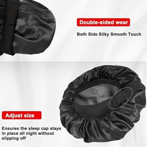 Sleep in style with this satin bonnet! Perfect for long and curly hair, this double-sided black cap is comfy and stylish. Say goodbye to frizzy hair in the morning! #haircare #satinbonnet #nightcap