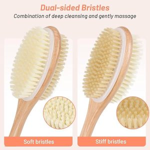 Get smoother, glowing skin with this dual-sided wooden back scrubber! Perfect for shower time, it has stiff and soft bristles for exfoliation. Say goodbye to dry skin and hello to a spa-like experience! #skincare #selfcare