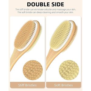 Get that smooth, glowing skin with this double-sided shower brush! Exfoliate and scrub away dead skin cells for a spa-like experience. Long wooden handle for easy reach. #skincare #selfcare #showeressential
