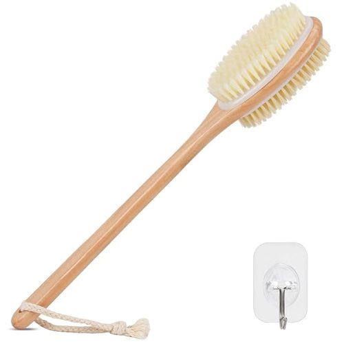 Get smoother, glowing skin with this dual-sided wooden back scrubber! Perfect for shower time, it has stiff and soft bristles for exfoliation. Say goodbye to dry skin and hello to a spa-like experience! #skincare #selfcare