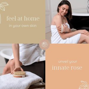 Get glowing skin with this organic body brush! Say goodbye to dry skin, cellulite, and boost lymphatic drainage. Enhance your spa routine with this exfoliating and massaging brush. #glowingskin #bodybrush #selfcare