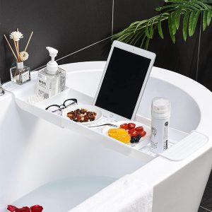 Transform your bath time experience with this expandable bath shelf caddy tray! Keep all your essentials close at hand while you relax in the tub. Perfect for candles, towels, books, wine, and even your phone! Say goodbye to clutter and hello