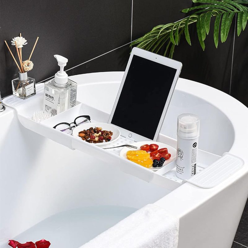 Transform your bath time experience with this expandable bath shelf caddy tray! Keep all your essentials close at hand while you relax in the tub. Perfect for candles, towels, books, wine, and even your phone! Say goodbye to clutter and hello