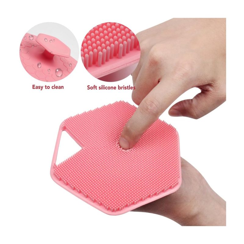 "Get that soft, glowing skin with this gentle silicone body scrubber! Perfect for exfoliating sensitive skin and giving yourself a relaxing massage in the shower. Available in a cute pink color. #skincare #bodyscrub #self