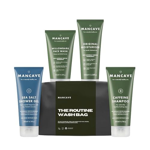Get ready to slay with this all-in-one wash bag set for men! Includes shower gel, shampoo, moisturizer, and face wash. Perfect for travel, eco-friendly, vegan, and made in England. #skincare #mensg