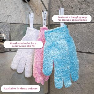 Get your skin feeling soft and smooth with these exfoliating shower gloves! Say goodbye to dead skin and hello to a fresh glow. Comes in a pack of 3 pairs (6 pcs) with hanging hoops for easy storage. Upgrade your shower routine