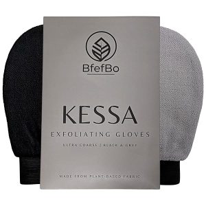 Get silky smooth skin with this ultra coarse exfoliating glove in black & grey! Made from plant-based materials, this Kessa mitt provides deep exfoliation for natural body care. #skincare #exfoliation #smoothskin