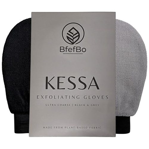 Get silky smooth skin with this ultra coarse exfoliating glove in black & grey! Made from plant-based materials, this Kessa mitt provides deep exfoliation for natural body care. #skincare #exfoliation #smoothskin