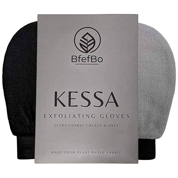 Get silky smooth skin with this ultra coarse exfoliating glove in black & grey! Made from plant-based materials, this Kessa mitt provides deep exfoliation for natural body care. #skincare #exfoliation #smoothskin