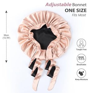 ✨Silky Satin Sleep Cap for Curly Queens! 💤 Reversible Pink/Black Bonnet with Tie Band! 💖 Keep those curls popping all night long! #CurlyHair #SleepingBeauty