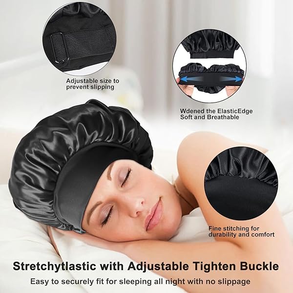 Sleep in style with this satin bonnet! Perfect for long and curly hair, this double-sided black cap is comfy and stylish. Say goodbye to frizzy hair in the morning! #haircare #satinbonnet #nightcap