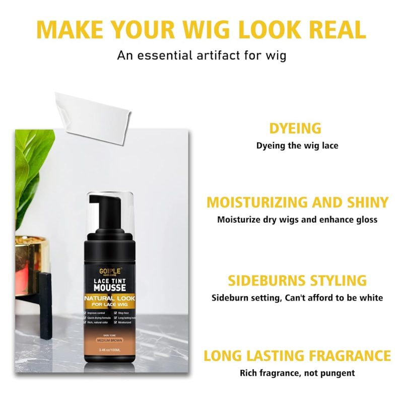 Get flawless, natural-looking lace tint with this 3.4 fl oz mousse perfect for women's wigs! Achieve a flawless medium brown shade effortlessly. #haircare #wiggamestrong