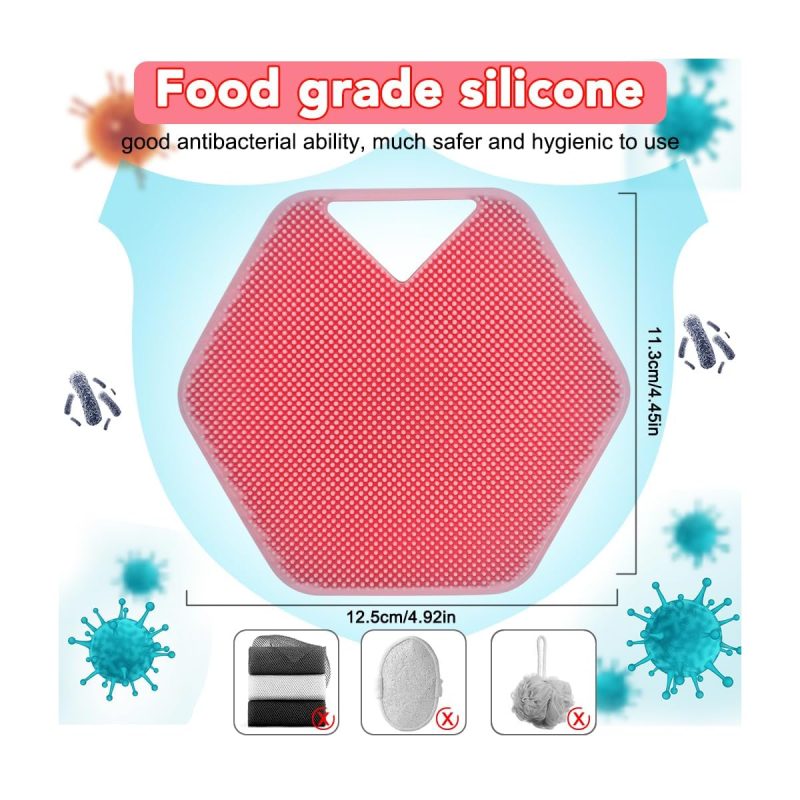 "Get that soft, glowing skin with this gentle silicone body scrubber! Perfect for exfoliating sensitive skin and giving yourself a relaxing massage in the shower. Available in a cute pink color. #skincare #bodyscrub #self