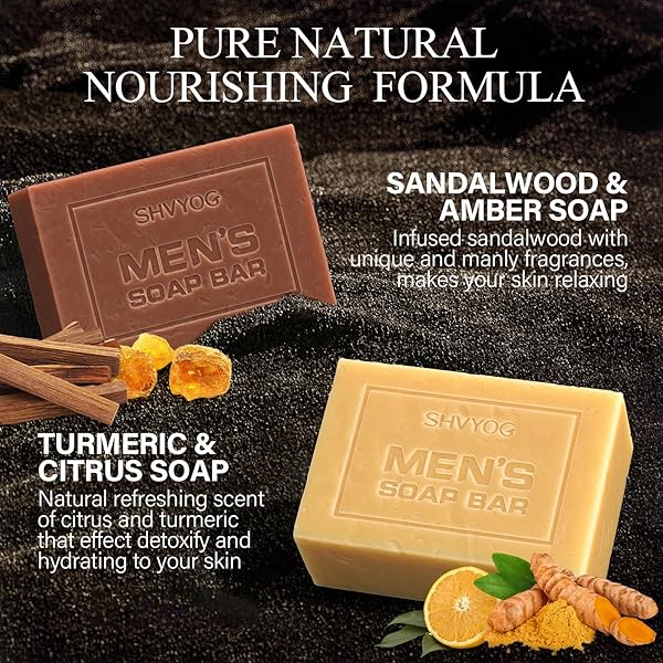 🚿 Upgrade your shower routine with these 4 natural men's soaps! 🌿 Exfoliate, cleanse, and moisturize with Sandalwood Amber, Mint, Charcoal, and Turmeric scents. Perfect for body