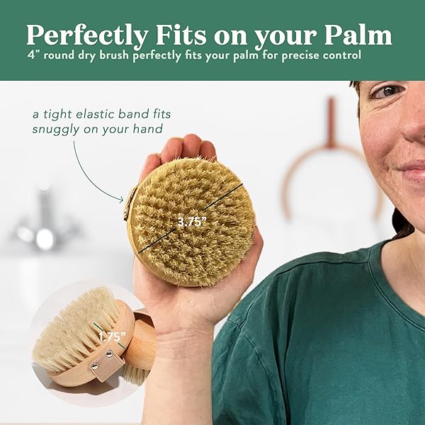Get glowing skin with this convenient palm-sized dry brush body scrub! It's universal fit and easy to use, perfect for exfoliating in the shower. With medium firmness and an elastic strap, it's great for both women and men! #
