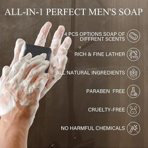 🚿 Upgrade your shower routine with these 4 natural men's soaps! 🌿 Exfoliate, cleanse, and moisturize with Sandalwood Amber, Mint, Charcoal, and Turmeric scents. Perfect for body