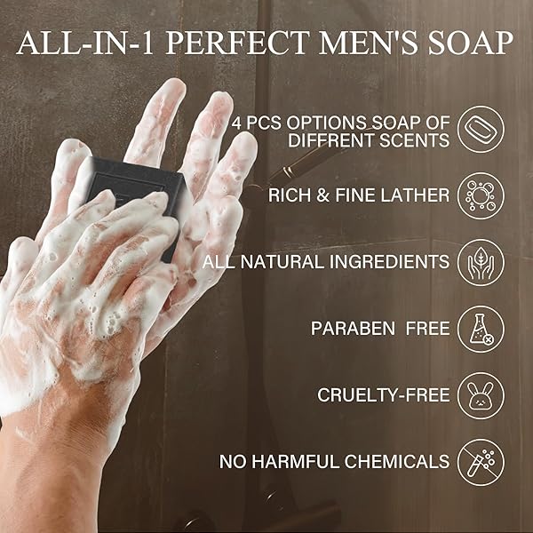 🚿 Upgrade your shower routine with these 4 natural men's soaps! 🌿 Exfoliate, cleanse, and moisturize with Sandalwood Amber, Mint, Charcoal, and Turmeric scents. Perfect for body