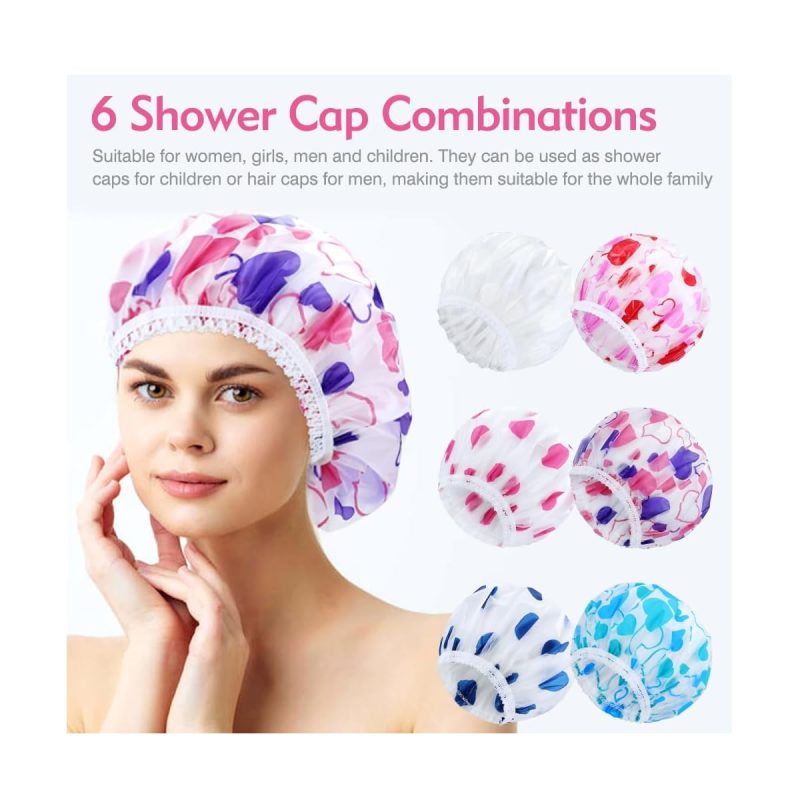 "Stay cute and dry with these 6 fun shower caps! Waterproof, adjustable, and perfect for all hair types. Add some style to your shower routine with hearts and big dots 🚿💖 #showercaps #haircare #t