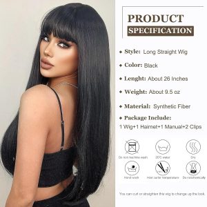 Transform your look with these stunning long black wigs! Perfect for daily wear, parties, or cosplay. Get the layered brunette wig with fringe for a natural and stylish vibe - 26 inches of pure perfection! #hairgoals #wigtransformation