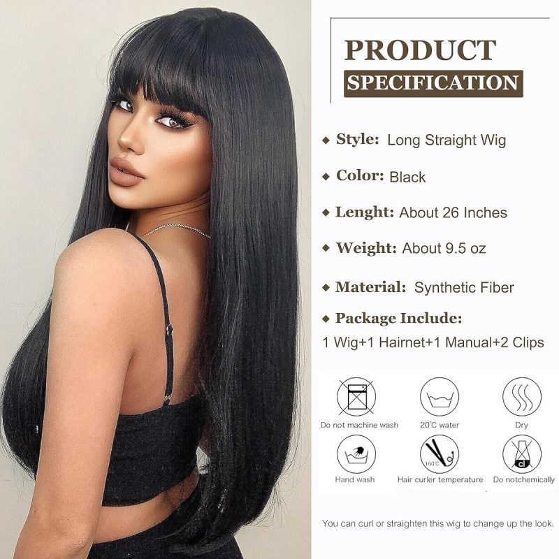 Transform your look with these stunning long black wigs! Perfect for daily wear, parties, or cosplay. Get the layered brunette wig with fringe for a natural and stylish vibe - 26 inches of pure perfection! #hairgoals #wigtransformation