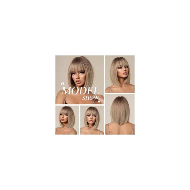 Get the perfect ombre blonde bob with bangs! This short, straight wig is perfect for daily wear, parties, and cosplay. Elevate your look with this stylish synthetic hair wig! 💁‍♀️✨ #hair