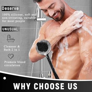 Level up your shower game with this silicone body scrubber! 🚿 Double sided for exfoliating and massaging, it's perfect for creating a rich foam. Plus, the long handle makes it easy to reach every inch of your back