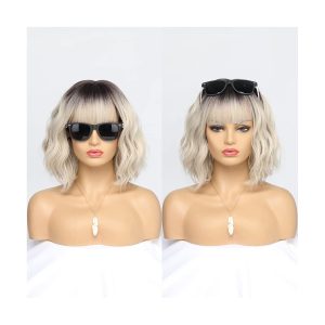 🌟Get the perfect TikTok-ready look with this trendy short ombre blonde wig! 💁‍♀️ Rock a dark blonde bob with fringe, neck-length waves, and natural-looking dark roots. Perfect for fancy dress or