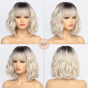 🌟Get the perfect TikTok-ready look with this trendy short ombre blonde wig! 💁‍♀️ Rock a dark blonde bob with fringe, neck-length waves, and natural-looking dark roots. Perfect for fancy dress or