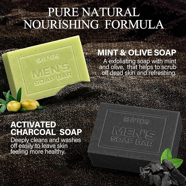 🚿 Upgrade your shower routine with these 4 natural men's soaps! 🌿 Exfoliate, cleanse, and moisturize with Sandalwood Amber, Mint, Charcoal, and Turmeric scents. Perfect for body