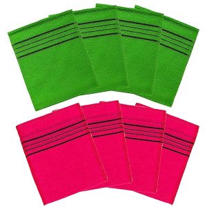 Get glowing skin with these colorful Asian exfoliating washcloths! Say goodbye to dull skin and hello to a radiant glow. Pack includes 8 cloths in vibrant red and green colors. #skincare #exfoliate #glow