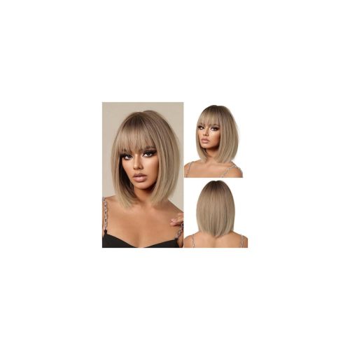 Get the perfect ombre blonde bob with bangs! This short, straight wig is perfect for daily wear, parties, and cosplay. Elevate your look with this stylish synthetic hair wig! 💁‍♀️✨ #hair