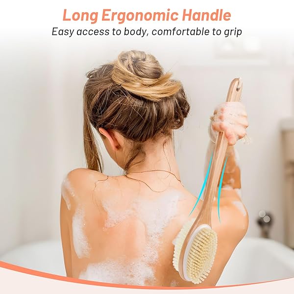 Get smoother, glowing skin with this dual-sided wooden back scrubber! Perfect for shower time, it has stiff and soft bristles for exfoliation. Say goodbye to dry skin and hello to a spa-like experience! #skincare #selfcare