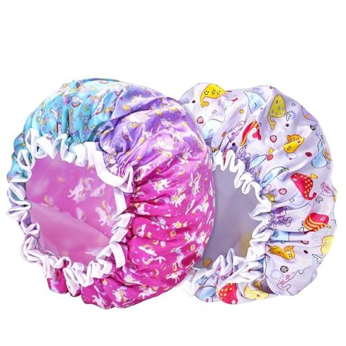 🛁 Keep your little ones dry and cute with these 2PCS Kids Shower Caps! 🌈 Elastic, double layer design for boys and girls. Say goodbye to soggy hair! 💦 #ShowerCap #KidsBath