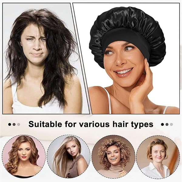 Sleep in style with this satin bonnet! Perfect for long and curly hair, this double-sided black cap is comfy and stylish. Say goodbye to frizzy hair in the morning! #haircare #satinbonnet #nightcap