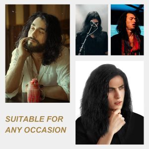 Get that 70s/80s rockstar look with this black mid-length curly wig for men! Perfect for cosplay, fancy dress parties, or Halloween. Stand out and rock on TikTok! 🤘🎸 #menswig