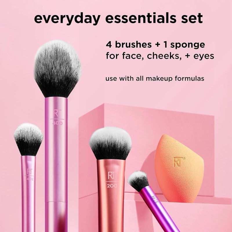 Get your makeup game on point with this 5 piece set including brushes, sponge, and blender! Perfect for flawless foundation, blush, bronzer, eyeshadow, and powder looks. Cruelty free and made with synthetic bristles for