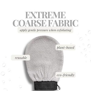 Get silky smooth skin with this ultra coarse exfoliating glove in black & grey! Made from plant-based materials, this Kessa mitt provides deep exfoliation for natural body care. #skincare #exfoliation #smoothskin