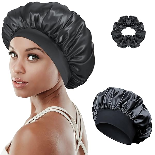 Sleep in style with this satin bonnet! Perfect for long and curly hair, this double-sided black cap is comfy and stylish. Say goodbye to frizzy hair in the morning! #haircare #satinbonnet #nightcap