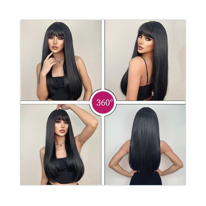 Transform your look with these stunning long black wigs! Perfect for daily wear, parties, or cosplay. Get the layered brunette wig with fringe for a natural and stylish vibe - 26 inches of pure perfection! #hairgoals #wigtransformation