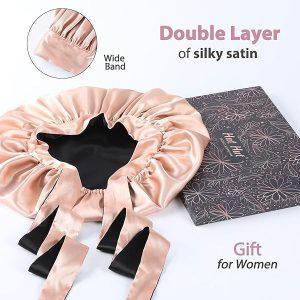 ✨Silky Satin Sleep Cap for Curly Queens! 💤 Reversible Pink/Black Bonnet with Tie Band! 💖 Keep those curls popping all night long! #CurlyHair #SleepingBeauty