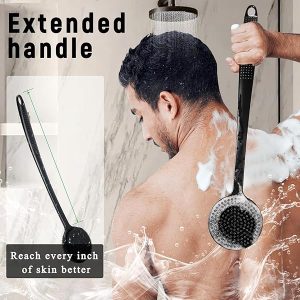 Level up your shower game with this silicone body scrubber! 🚿 Double sided for exfoliating and massaging, it's perfect for creating a rich foam. Plus, the long handle makes it easy to reach every inch of your back