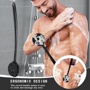 Level up your shower game with this silicone body scrubber! 🚿 Double sided for exfoliating and massaging, it's perfect for creating a rich foam. Plus, the long handle makes it easy to reach every inch of your back