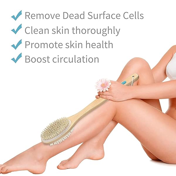 Get that smooth, glowing skin with this double-sided shower brush! Exfoliate and scrub away dead skin cells for a spa-like experience. Long wooden handle for easy reach. #skincare #selfcare #showeressential