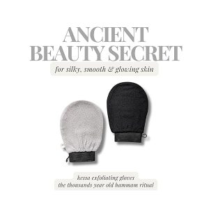 Get silky smooth skin with this ultra coarse exfoliating glove in black & grey! Made from plant-based materials, this Kessa mitt provides deep exfoliation for natural body care. #skincare #exfoliation #smoothskin