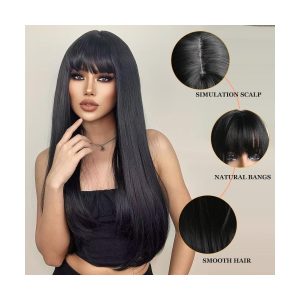 Transform your look with these stunning long black wigs! Perfect for daily wear, parties, or cosplay. Get the layered brunette wig with fringe for a natural and stylish vibe - 26 inches of pure perfection! #hairgoals #wigtransformation