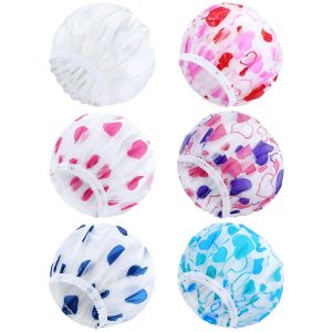 "Stay cute and dry with these 6 fun shower caps! Waterproof, adjustable, and perfect for all hair types. Add some style to your shower routine with hearts and big dots 🚿💖 #showercaps #haircare #t