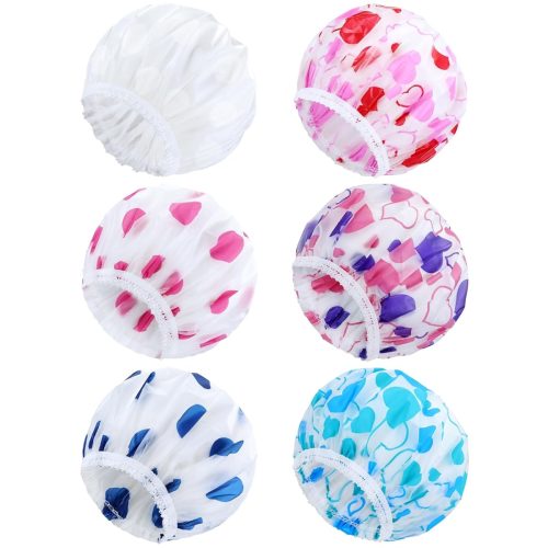 "Stay cute and dry with these 6 fun shower caps! Waterproof, adjustable, and perfect for all hair types. Add some style to your shower routine with hearts and big dots 🚿💖 #showercaps #haircare #t